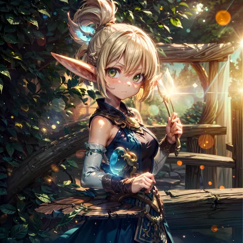 serious look, concentrated air, anime girl with a wood arrow, female elf artificer, elf girl,wood elf, character art of wakfu game, high quality screenshot, elf, green eyes, blond, wakfu, brown and black lether clothes, stunnibng, (8k, RAW photo, best qual...