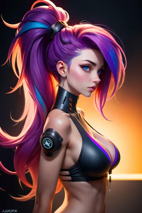 Aktmeisterwerk, cyberpunk girl with cyber implants, tiny cyber tech bikini, side view of the upper body, looking shy to the viewer, A cute girl with an insane amount of colofull implants all over her body, glowing halo over the head, rainbow colored hair, ...