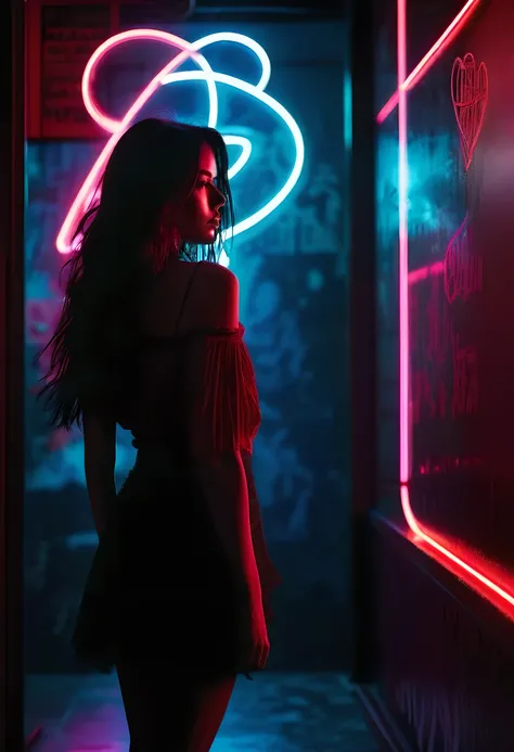 A silhouette of a young woman with long hair, standing in front of a glowing crimson red neon sign, casting a dramatic shadow against the dark background. The neon light illuminates her figure, creating a striking contrast and an edgy, mysterious atmospher...