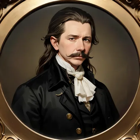 18th century american man, 18th century oil painting portrait, Young gary oldman, colonial american Young man, Moustache, long hair, oil painting filter, black and bordeau coat, cravat