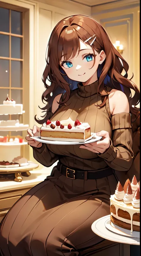 masterpiece,highest quality,Super detailed,8k,expensive,Big women,Huge Breasts,young,20-year-old,Medium Hair,Wavy Hair,brown hair,Hair Clip,Happy,smile,Brown sweater,Ribbed sweater,Exposing shoulders,Removable sleeves,Belt Buckle,Strapless,(huge cake:1.2),...