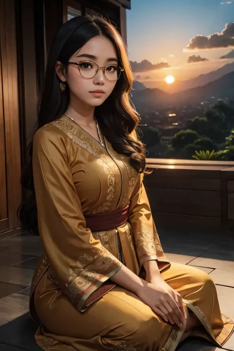 detailed face of half  body photo. 25 year old Indonesian girl with a sweet  face,  big  round face and long brown wavy hair, round glasses, wearing a long brown kebaya with full patern sitting cross-legged in front of an incense arrangement at a Balinese ...