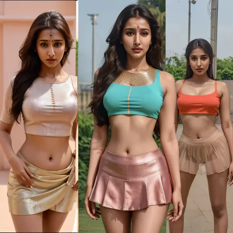 Indian women figure like actress Nora fatehi, face like jahnvi kapoor, full body image, crop top, mini skirt, real like, h