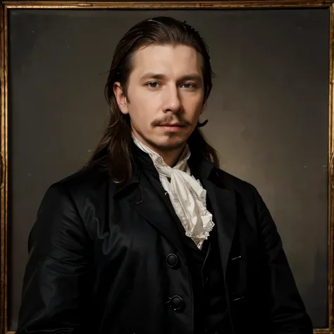 18th century american man, 18th century oil painting portrait, Young gary oldman, colonial american Young man, Moustache, long hair, oil painting filter, black and bordeau coat, cravat