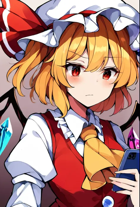 source_anime, (2d), score_9, score_8_up, score_7_up, score_6_up, score_5_up, score_4_up, solo, 1girl, standing, holding phone, looking at phone, :o, flandre_scarlet_touhou, blonde_hair, wings, red_eyes, crystal, bangs, hat, one_side_up, ribbon, mob_cap, bo...