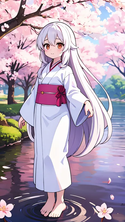 Age unknown,Unknown gender,White super long hair,,Golden Eyes,white kimono,God,Standing on the water,cherry blossoms,Barefoot