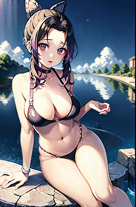 highest quality, Ultra-high resolution, One girl,  Black Choker, (Charming monkey:1), (Purple Hair:1), ((Puffy eyes)), View your viewers, Look forward, Crimson Eyes,Fine grain、whole body。Swimwear、first round、