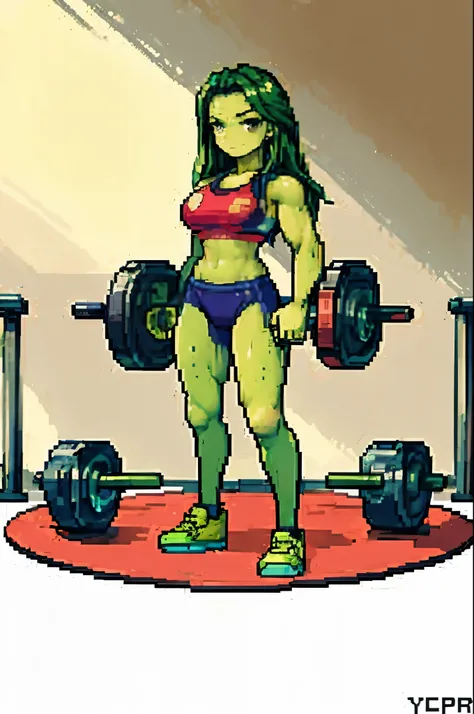 ((best quality)), ((masterpiece)), (detailed), cute she-hulk, gym clothes, lifting weights, green skin, white and purple classic costume