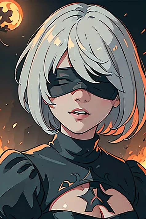 masterpiece, close up art of n_2b blindfold, from nier automata, with cinematic light, smoke and embers in the background