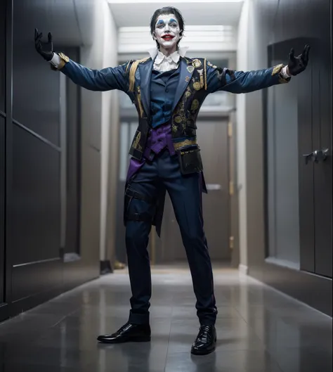 absolute redrawing absolute copy of the face laughs the face of the Joker in white gloves on his hands keep the gold colors keep the blue colors keep the black colors do not change Ultra quality 8k on the Jokers grimm face