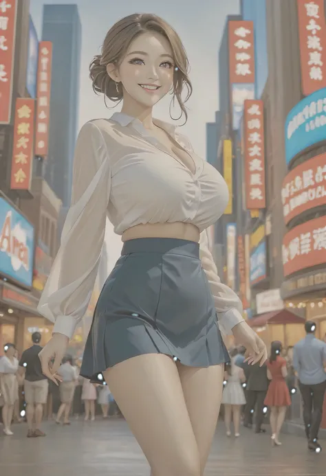 masterpiece、Mastepiece、girl、Random hairstyle、Clear eyes、Smiling at the audience、Perfect proportions、full body shot、Large breasts、Wear a stylish blouse、Wearing a skirt、Sexy pose、The background is American cities