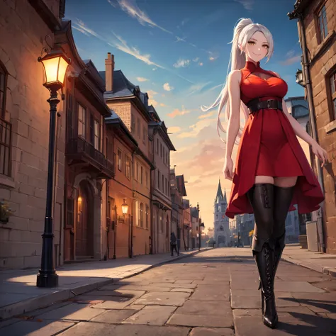 a woman wearing a red dress with white details, black boots, long silver hair, ponytail hair, yellow eyes, smiling, big breasts, walking on a sidewalk, with a lamp post, with a castle in the background,HDR, ultra resolution, well defined, masterpiece, 8K H...