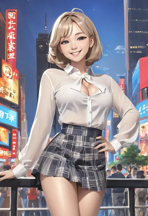 masterpiece、Mastepiece、girl、Random hairstyle、Clear eyes、Smiling at the audience、Perfect proportions、full body shot、Large breasts、Wear a stylish blouse、Wearing a skirt、Sexy pose、The background is American cities