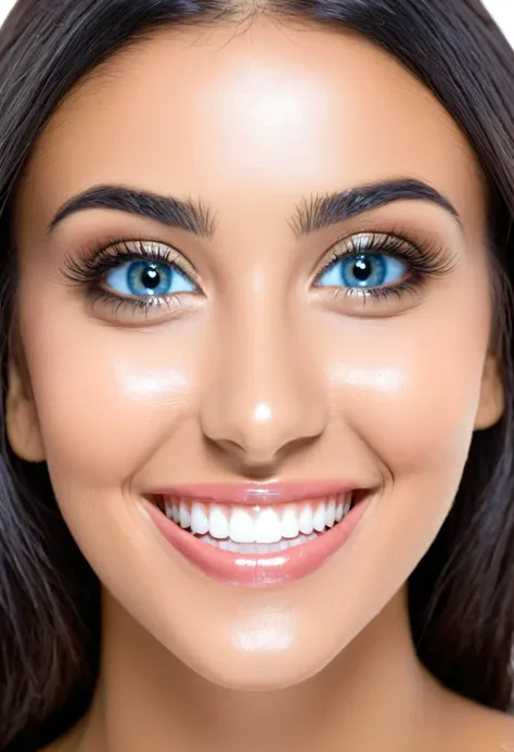 Uma morena de olhos azuis sorridente 