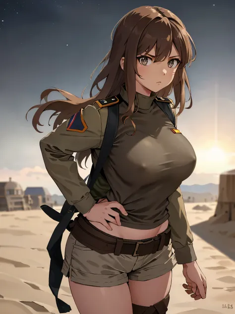 soldier girl, large breasts, no bra, nipples poking through uniform, nipples through clothes, sand colored uniform, serious face, desert setting, brown hair, grey eyes, at night, starry sky