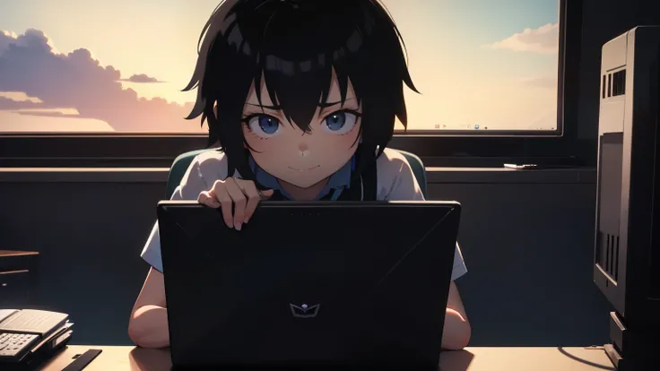 Masterpiece , peni parker,  shirt,  flat chest  , pantie , sexy , evil smile, sitting in front of a computer, cabine , sitting on computer , chair, typing on the computer keyboard, looking at the computer screen, looking away from viewer, looking at the co...