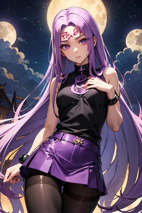 medusa、fate、purple hair、long hair、((pantyhose))、photo from below、medium chest、full moon、mini skirt、denim skirt、sleeveless knitwe...