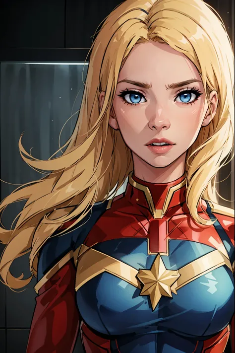 ((masterpiece quality)), better quality, incredibly detailed illustration of Cameron Diaz as Captain Marvel, short blonde hair, intense blue eyes, uniform, vibrant colors, dramatic lighting, capturing the essence of the powerful heroine