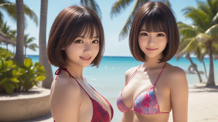 (2young girl), (medium length bob, air bangs), beautiful girl, enchanting smile, (extremely detailed beautiful face), (highly detailed eyes, highly detailed face), (bikini), Fresh, very clean appearance, (best Quality:1.4), (hyper-realistic, hight resoluti...