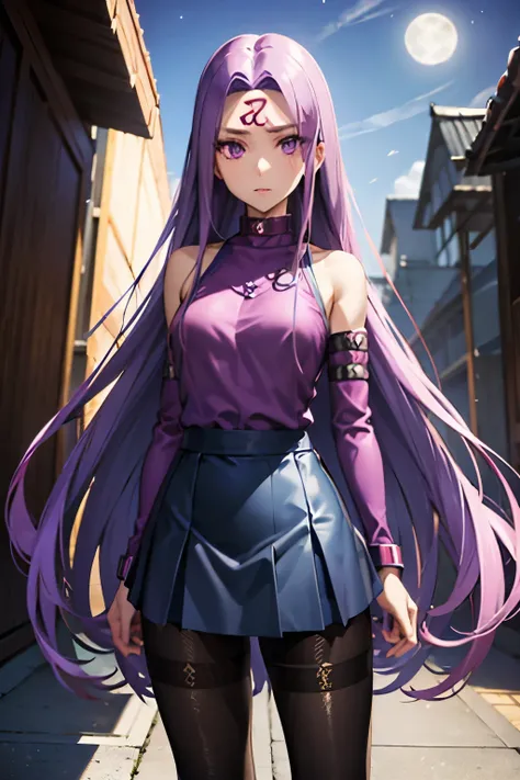 medusa、fate、purple hair、long hair、((pantyhose))、photo from below、medium chest、full moon、mini skirt、denim skirt、sleeveless knitwe...