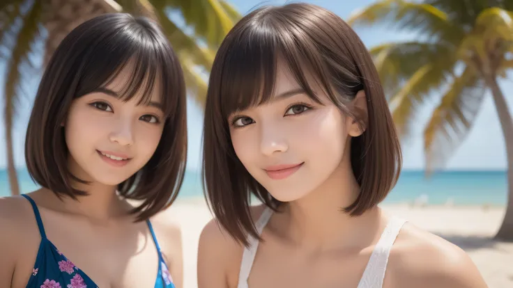 (2young girl), (medium length bob, air bangs), beautiful girl, enchanting smile, (extremely detailed beautiful face), (highly detailed eyes, highly detailed face), (bikini), Fresh, very clean appearance, (best Quality:1.4), (hyper-realistic, hight resoluti...