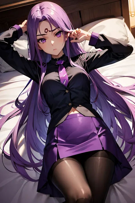 medusa、fate、purple hair、long hair、((pantyhose))、photo from below、medium chest、bedroom、mini skirt、pencil skirt、blouse、in a suit、l...