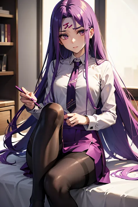 medusa、fate、purple hair、long hair、((pantyhose))、photo from below、medium chest、bedroom、mini skirt、pencil skirt、blouse、in a suit、l...