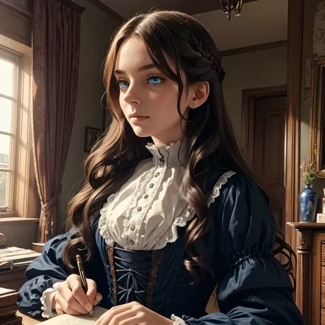 Victorian woman blue eyes brown wavy long hair writing in her room 