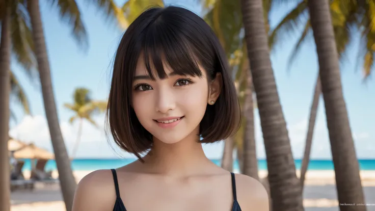 (2girl), (medium length bob, air bangs), beautiful girl, enchanting smile, (extremely detailed beautiful face), (highly detailed eyes, highly detailed face), (bikini), Fresh, very clean appearance, (best Quality:1.4), (hyper-realistic, hight resolution), P...