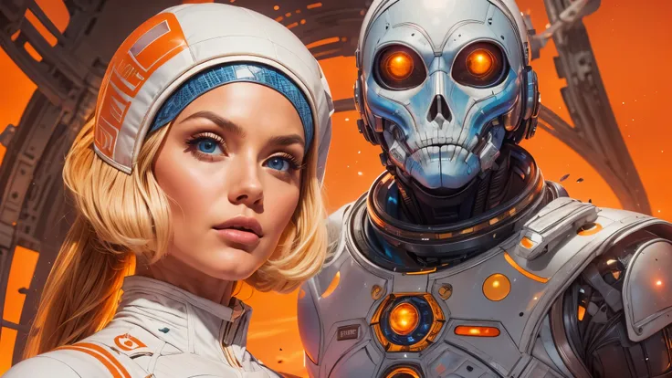 arafed image of a white woman in a futuristic suit with a spaceship in the background, movie art, in front of an orange background, inspired by Robert McGinnis, female protagonist, megastructure in the background, portrait of an ai astronaut, astronauts, a...