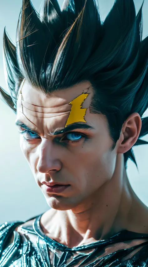 8K portrait of a muscular Vegeta, yellow hair, blue eyes, Complex, elegant, Very detailed, whole body, Majestic, Digital photography, Artgerm、Ruan Jia、Art by Greg Rutkowski, Black Hair, Beardless face, Broken glass (masterpiece, Side lighting, Beautifully ...