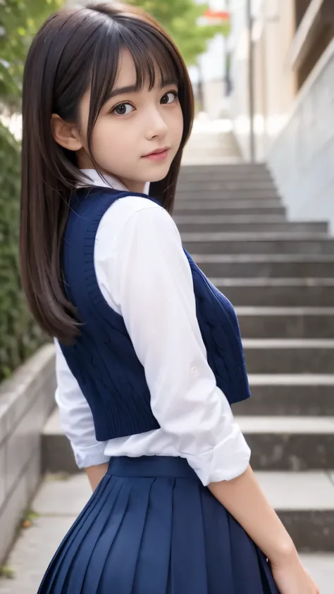 Best-quality, Masterpiece, Ultra-High-Resolution, (Photorealistic:1.4), Raw-Photo, depth of field, professional-lighting, (((from bottom, upturned ass))), 1girl, 15-years-old, the most famous Japanese idol, at school stairway, solo, wearing navy-blue pleat...