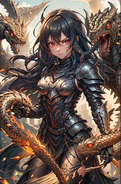 a girl wearing black armor. she is harsh. red eyes. (two snakes intertwined). dragon motif armor.