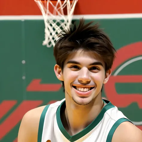 Chico, pelo rubio, ojos cafes, smiling basketball player