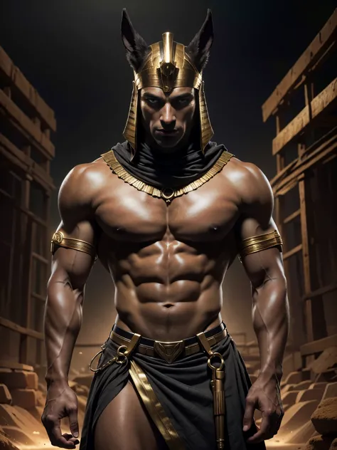 Photorealistic, ((best quality)), ((masterpiece)), (detailed), Egyptian god Anubis, masculine portrait of god Anubis, personification of Anubis, (evil look:1.2), 18-year-old male model, handsome, tall, cute looking, evil look, dark look powerful, young mal...