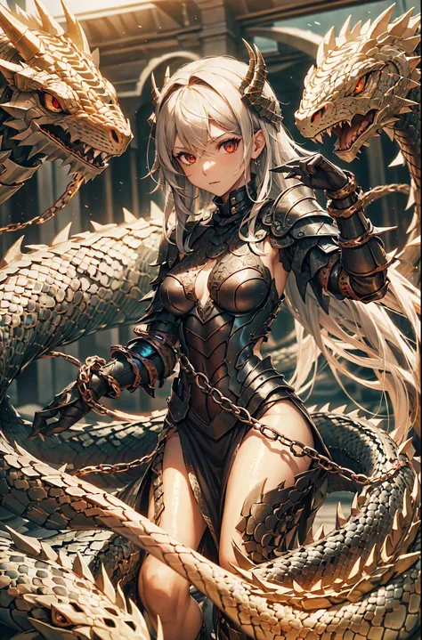 a girl wearing black armor. she is harsh. red eyes. (two snakes intertwined). dragon motif armor.