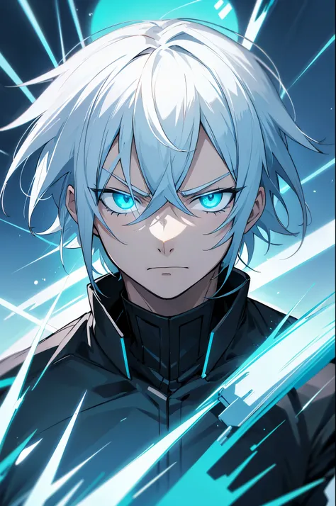 anime man, white hair, cyan eyes, cold face, angry, black suit, glare