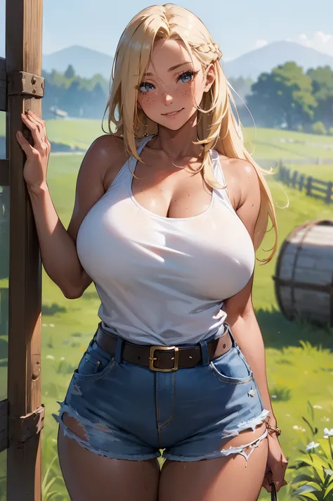 (((SHARP detail perfect face))), (nice hips), detailed skin, ((masterpiece)), best quality, (SHARP details), 4k, ((farmgirl)), (((farm))), (loose tank top),  ((white tank top)), ((blonde hair)), sweat, ((huge breasts)), voluptuous, amber eyes, looking at v...