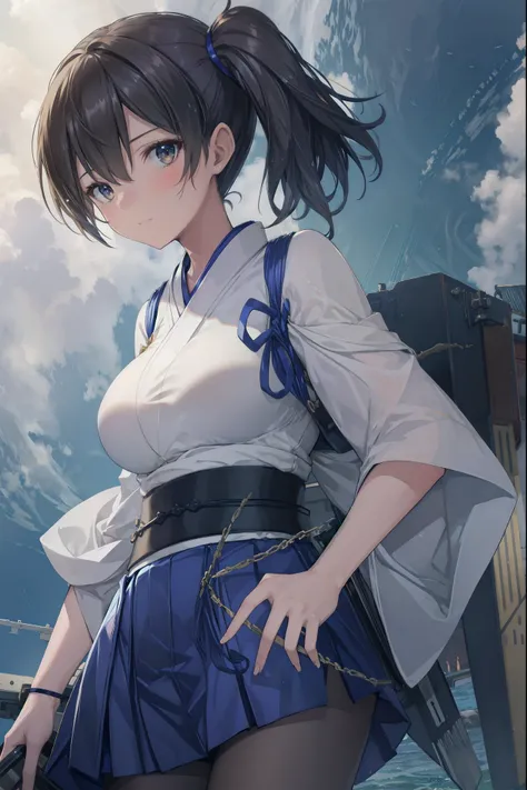 Kaga(Fleet Collection),highest quality, masterpiece, High resolution,kimono,blue skirt,side ponytail,big_breasts,