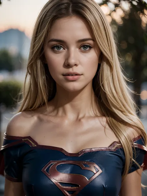 summer77 es Supergirl, Cabello largo y rubio, agotador (animadora supergirl, sin capa, top corto, minifalda plisada),saltando, Muy detallado, art station, liso, sharp focus, 8k, fotorrealista, super detail, recuperar la cara