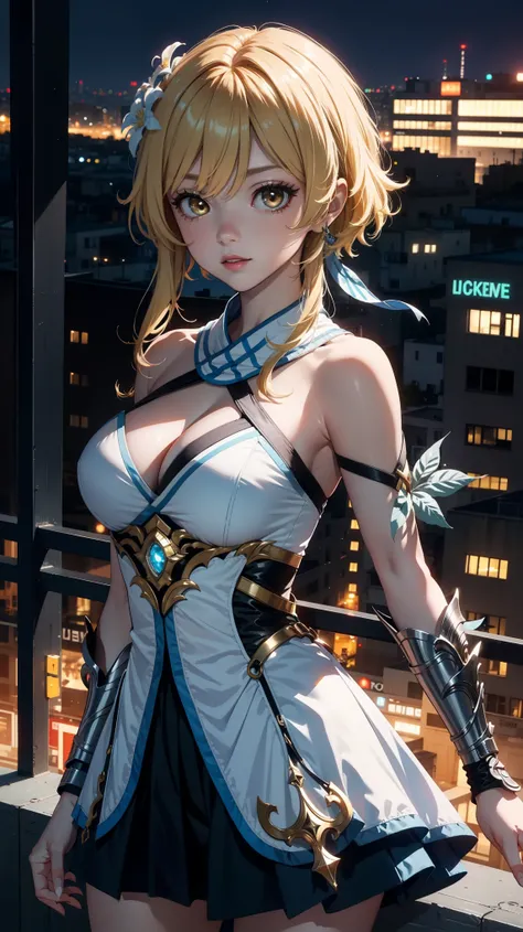 Masterpiece, ultra detail, high quality, 8k, luminedef, night, bright eyes, detail face, dynamic poses, looking at viewer, large breast, night city view, standing, upper body,