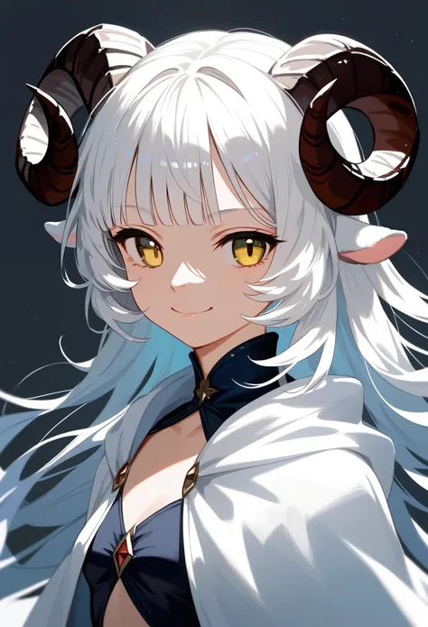 (score_9, score_8_up, score_7_up), 1girl, solo, sheep horns, curled horns, black horns, white sheep ears, white hair, long hair, hime cut, long bangs, sheep horns, curled horns, yellow eyes, evil smile, smug, :p, small breasts, standing, wearing a white ho...