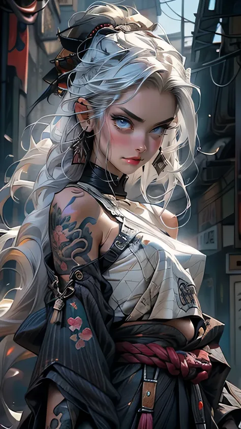 (masterpiece), best quality,1 girl, white hair, long hair, hair decorations, sensual face, white skin, tattooed body, posing, carrying a samurai sword, katana, Masterpiece, best quality, realistic, ultra high resolution, depth of field. (detailed backgroun...