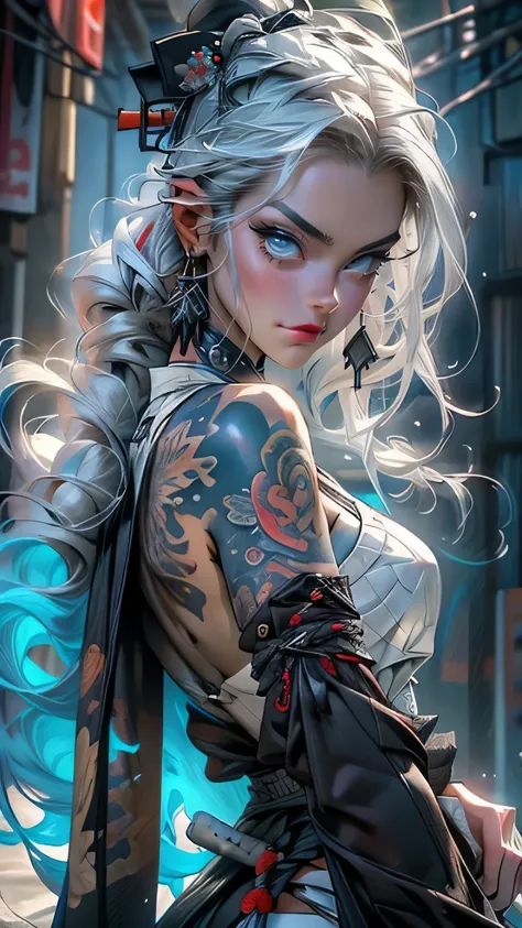 (masterpiece), best quality,1 girl, white hair, long hair, hair decorations, sensual face, white skin, tattooed body, posing, carrying a samurai sword, katana, Masterpiece, best quality, realistic, ultra high resolution, depth of field. (detailed backgroun...