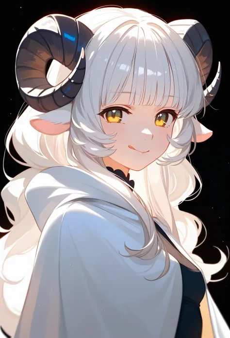 (score_9, score_8_up, score_7_up), 1girl, solo, sheep horns, curled horns, black horns, white sheep ears, white hair, long hair,...