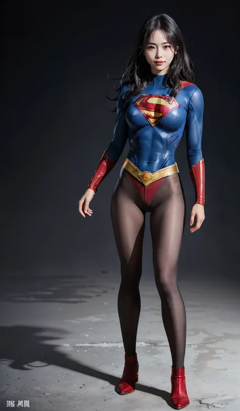 No background、(((Beautiful legs in black tights.)))、(((Legally express the beauty of your smile)))、((((Make the most of your original images)))、(((Supergirl Costume)))、(((Beautiful Hair)))、(((suffering)))、(((Please wear black tights....、Wear red boots)))、(...