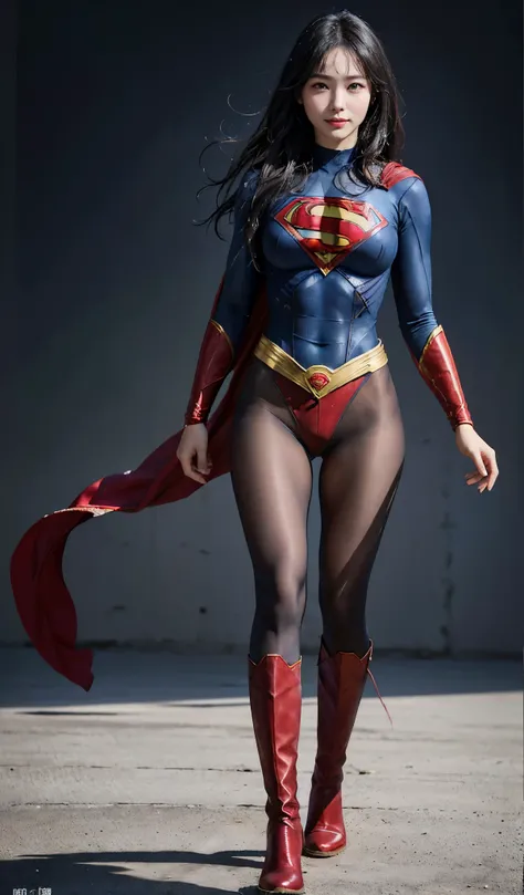 No background、(((Beautiful legs in black tights.)))、(((Legally express the beauty of your smile)))、((((Make the most of your original images)))、(((Supergirl Costume)))、(((Beautiful Hair)))、(((suffering)))、(((Please wear black tights....、Wear red boots)))、(...