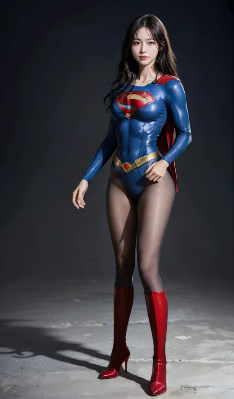 No background、(((Beautiful legs in black tights.)))、(((Legally express the beauty of your smile)))、((((Make the most of your original images)))、(((Supergirl Costume)))、(((Beautiful Hair)))、(((suffering)))、(((Please wear black tights....、Wear red boots)))、(...