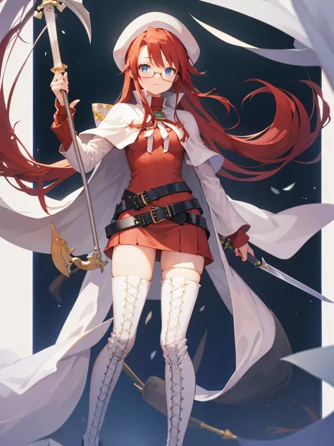 summonnightaty, aty, long hair, blue eyes, red hair, beret, hat, glasses,
BREAK long hair, thighhighs, hat, dress, boots, glasses, belt, cape, sweater, zettai ryouiki, beret, thigh boots, white footwear, ribbed sweater, loose belt,solo,
BREAK outdoors, fan...