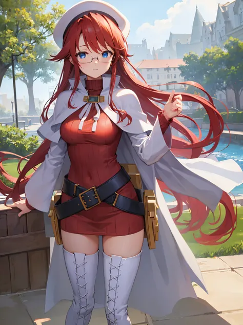 summonnightaty, aty, long hair, blue eyes, red hair, beret, hat, glasses,
BREAK long hair, thighhighs, hat, dress, boots, glasses, belt, cape, sweater, zettai ryouiki, beret, thigh boots, white footwear, ribbed sweater, loose belt,solo,
BREAK outdoors, fan...